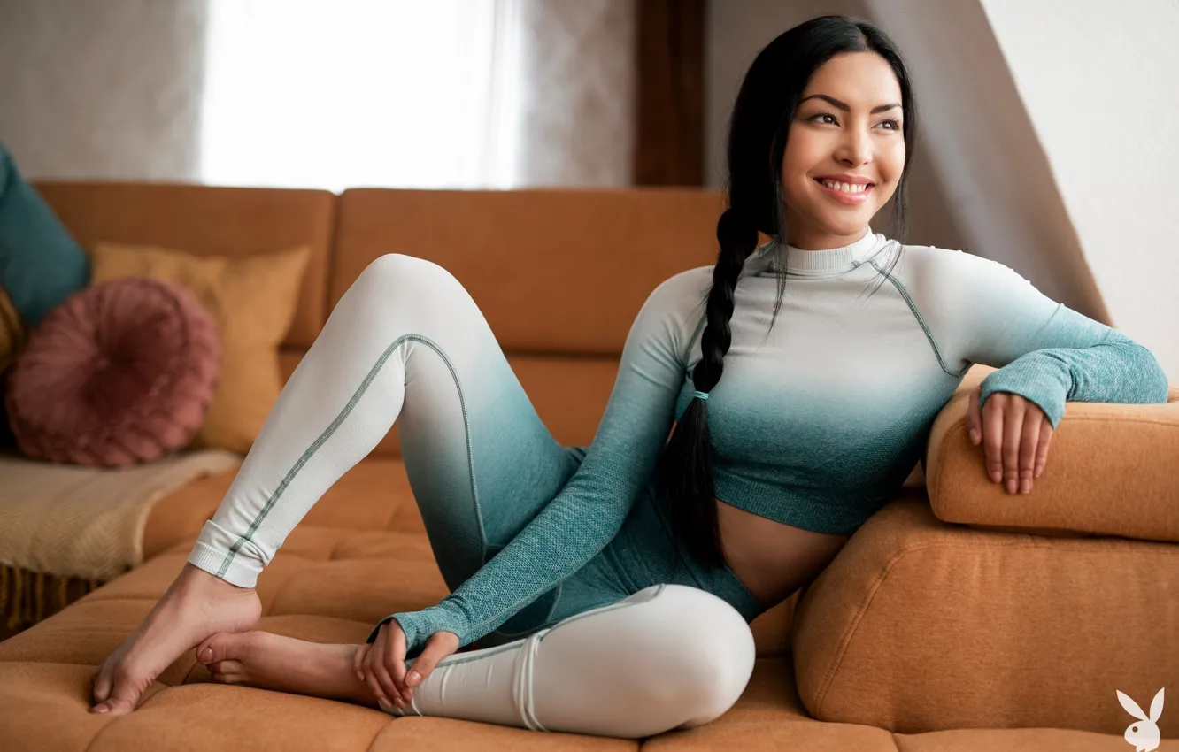Фото обои Playboy, Model, Smile, Chloe, Pigtail, On The Couch, Gym Clothes
