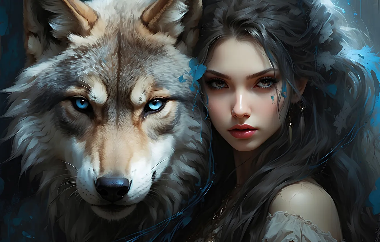 Фото обои Girl, Fantasy, Wolf, AI Art, AI Generated
