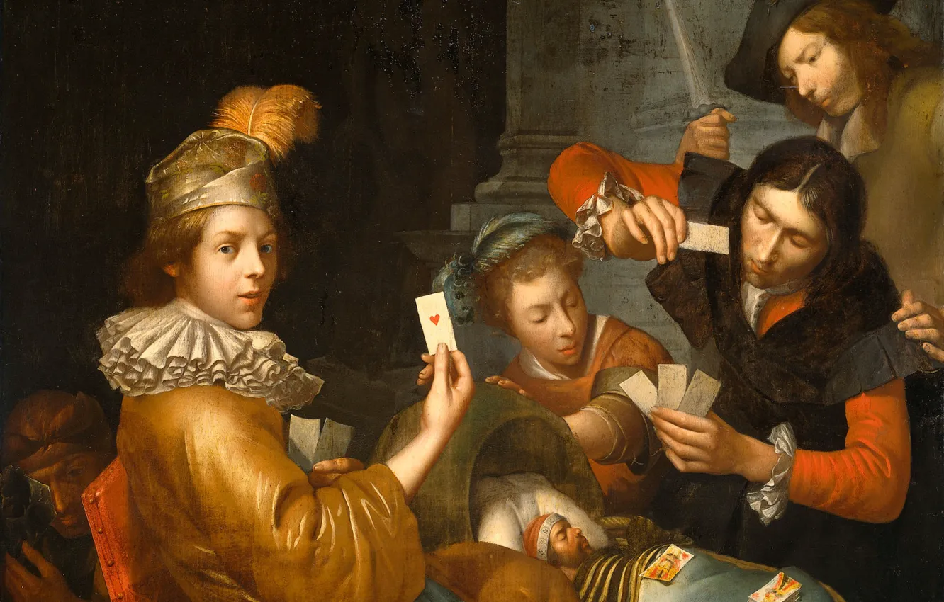 Фото обои масло, картина, холст, Игра в Карты на Колыбели. Аллегория, Johannes van Wijckersloot
