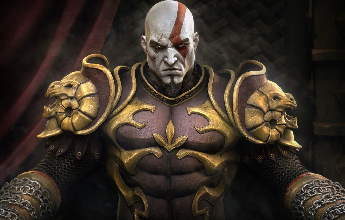 Фото обои skull, sword, demigod, horns, Kratos, God of War, lion, general