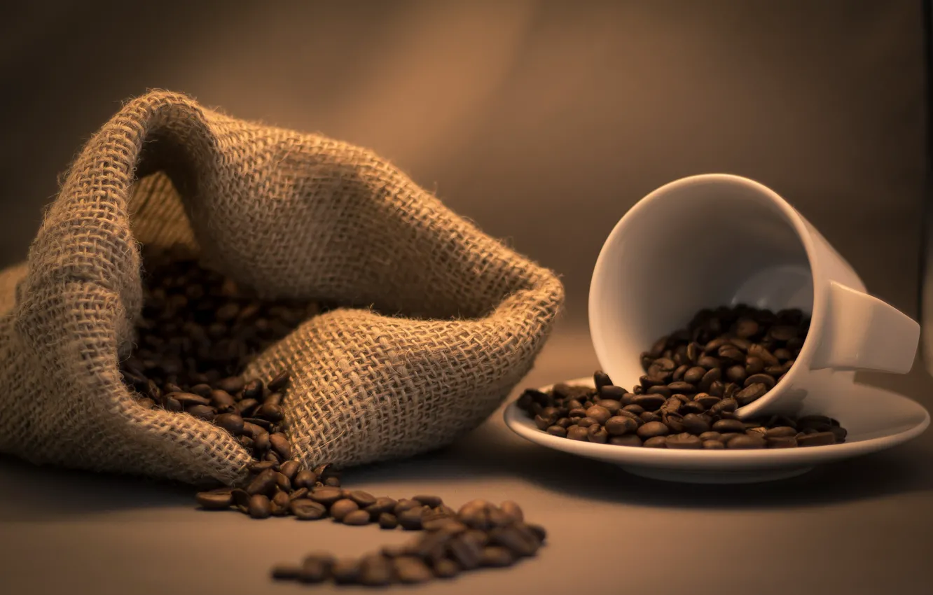 Фото обои кофе, зерна, чашка, мешок