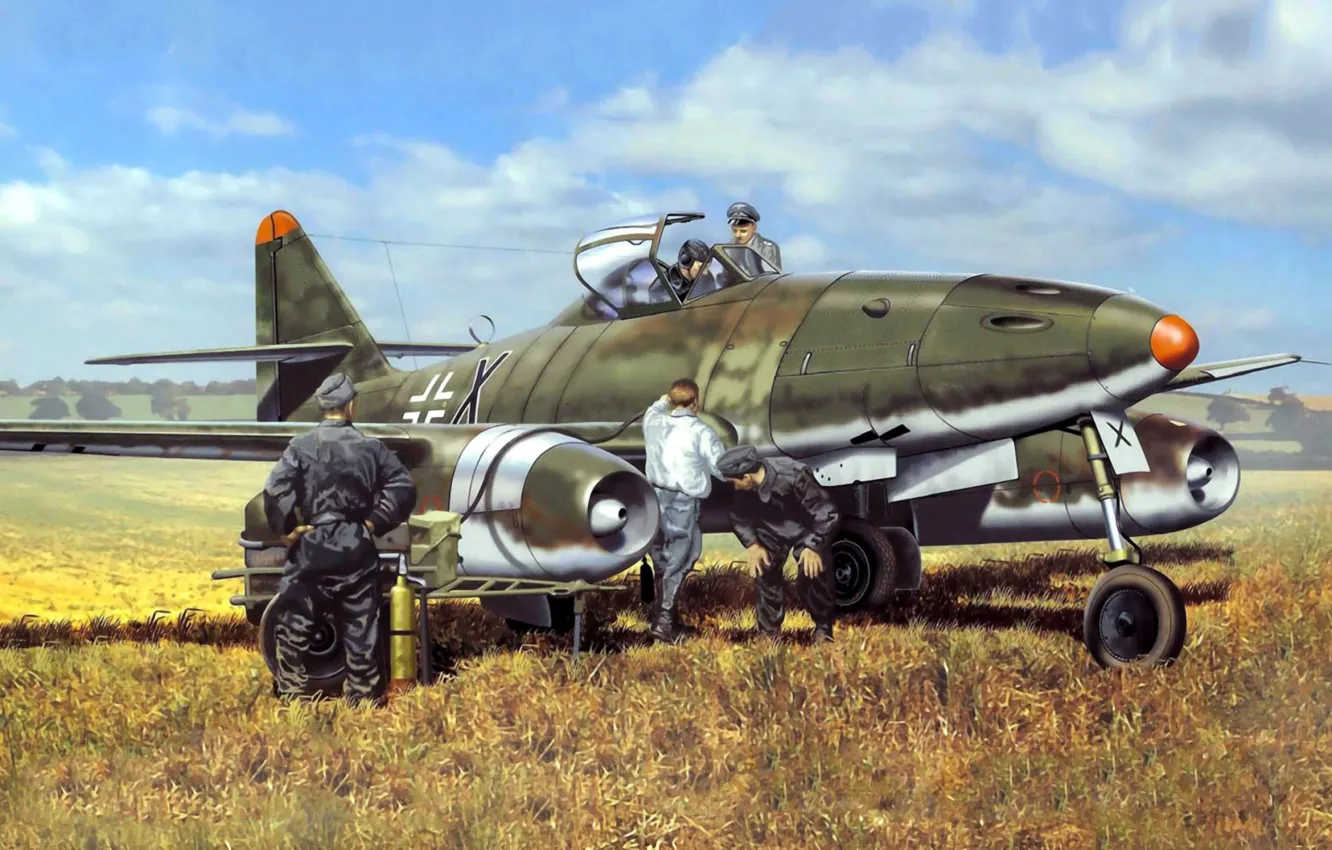 Фото обои war, art, airplane, painting, aviation, jet, ww2, Messerschmitt Me 262