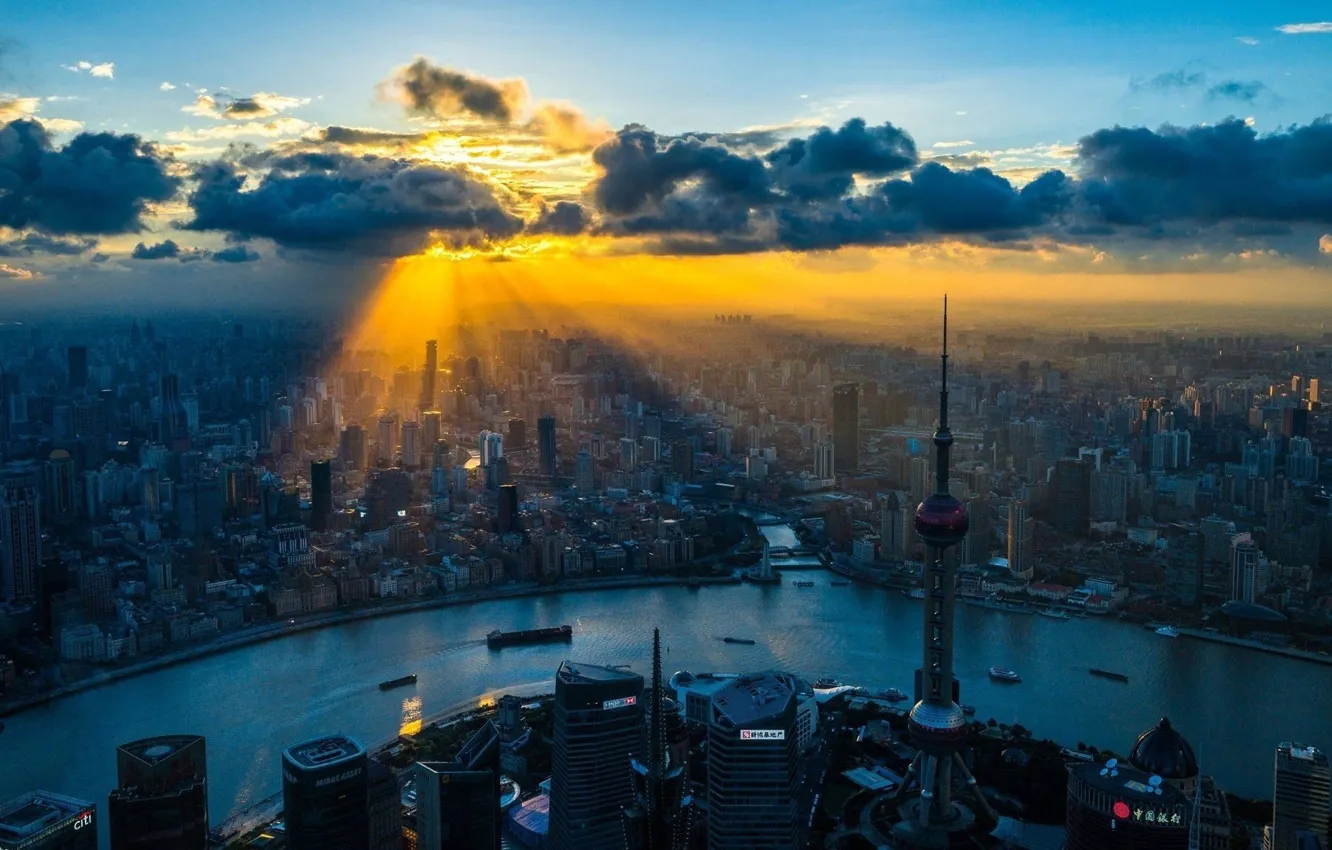 Фото обои city, China, Shanghai, river, sky, clouds, sunrise, buildings