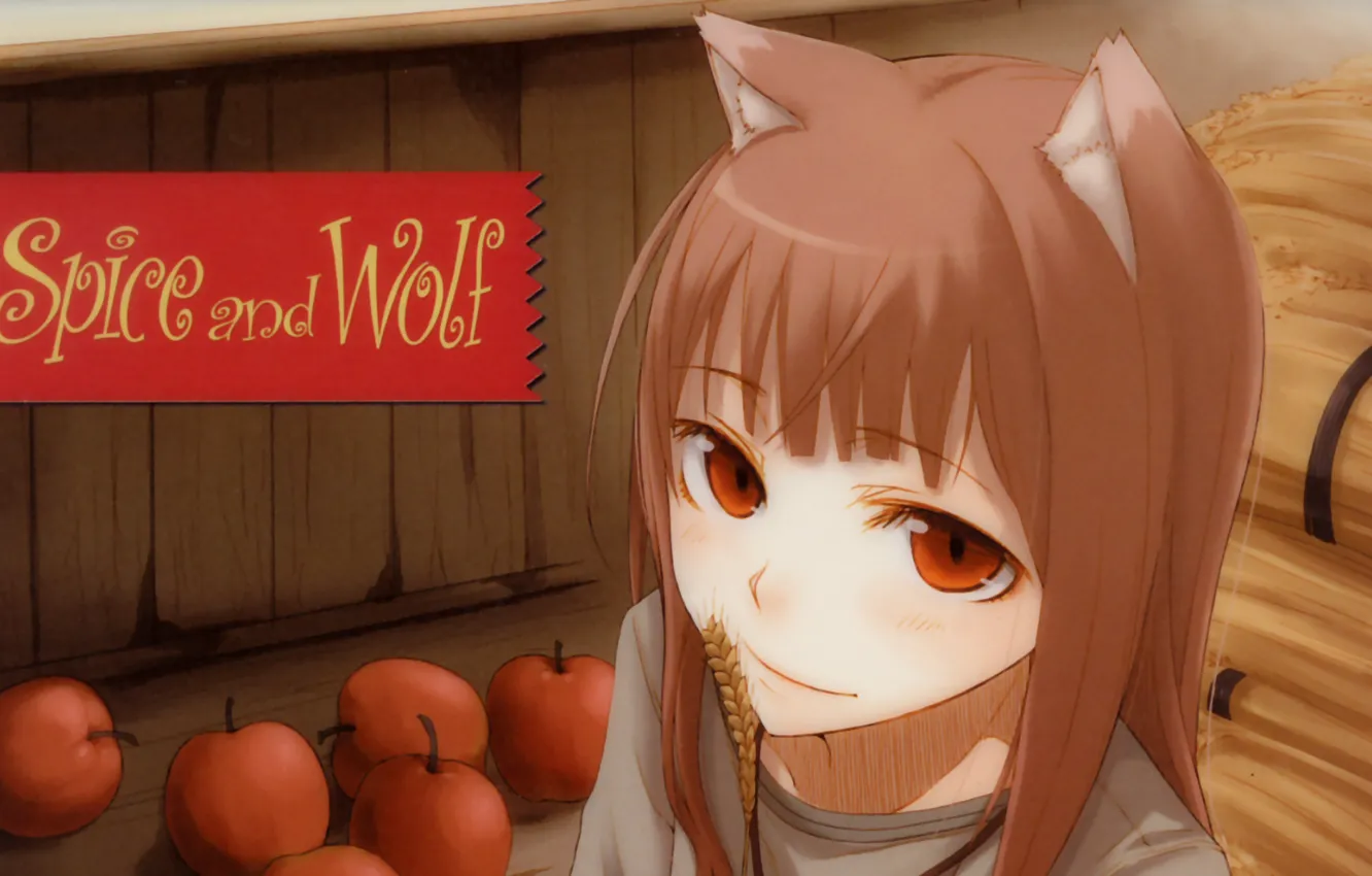 Фото обои пшеница, яблоки, Хоро, ушки, Холо, Spice and Wolf, Волчица и Пряности