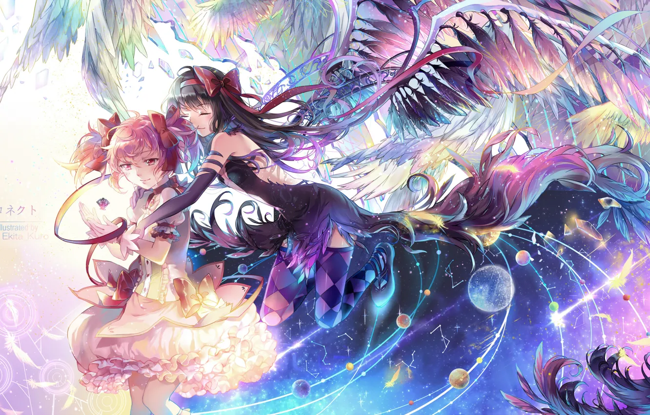 Фото обои девушки, планеты, крылья, аниме, слезы, арт, mahou shoujo madoka magica, akemi homura