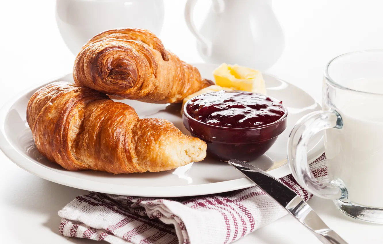 Фото обои завтрак, сливки, cup, джем, круассаны, croissant, breakfast, milk