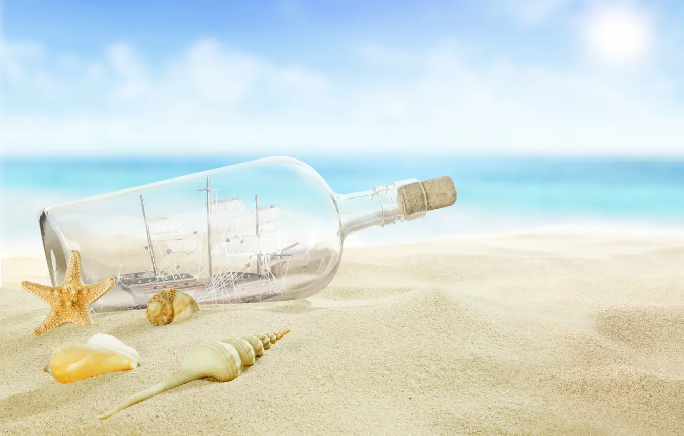 Фото обои beach, sea, sun, sand, letter, bottle, seashells