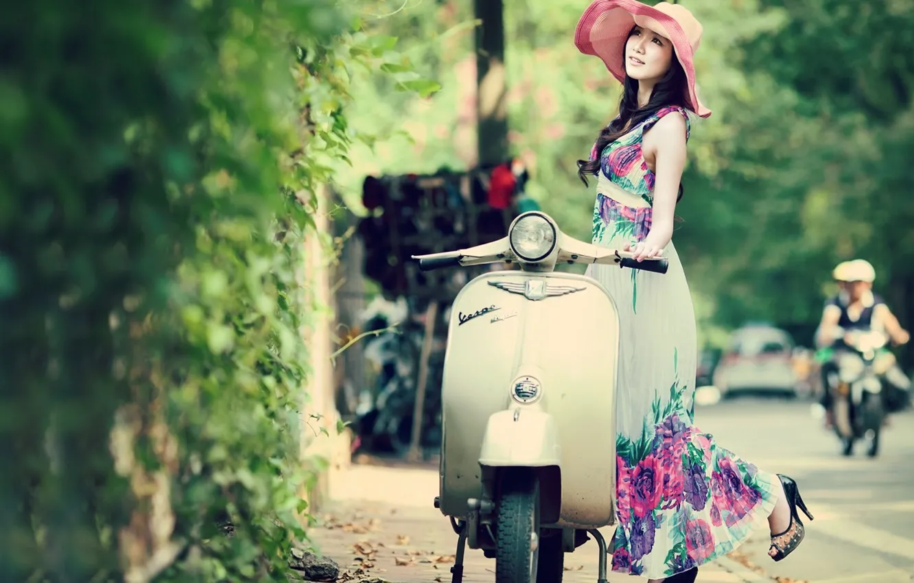 Фото обои girl, vintage, beautiful, model, spring, vespa, asian