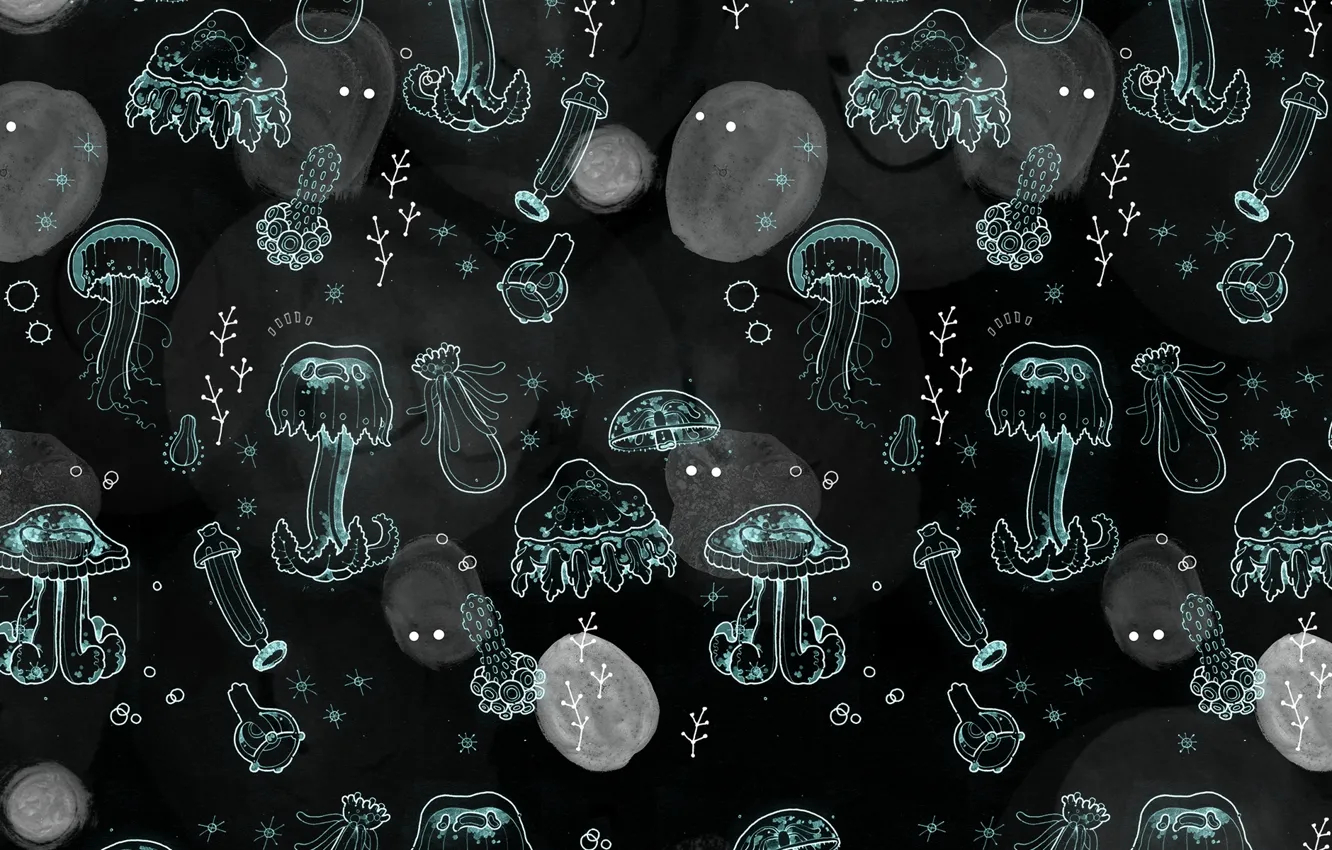 Фото обои текстура, медузы, Чёрный фон