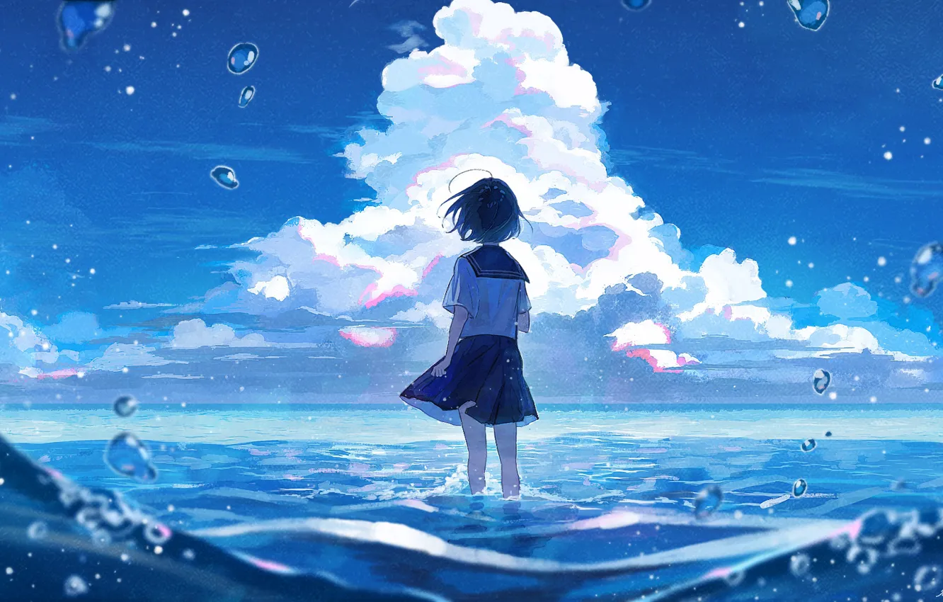 Фото обои море, небо, девушка, школьная форма