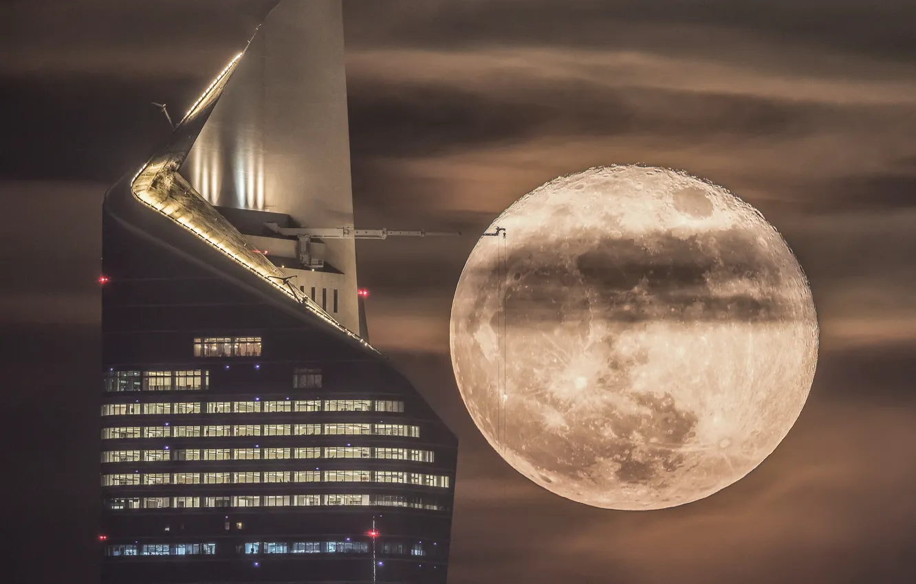 Фото обои кран, skyscraper, небоскрёб, Супер Луна, crane, Кувейт, Kuwait, Super Moon