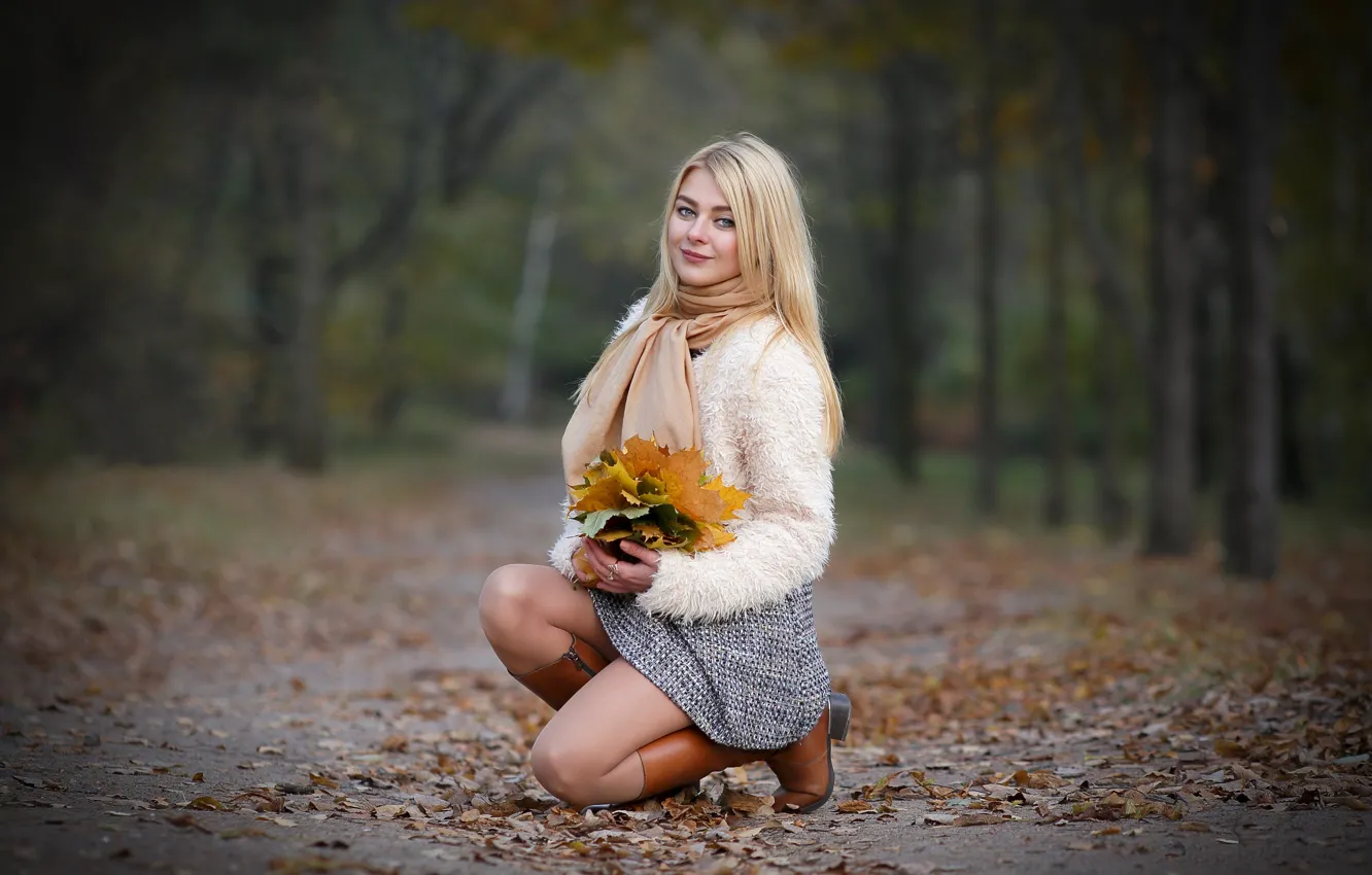 Фото обои осень, листья, девушка, улыбка, парк, блондинка, боке