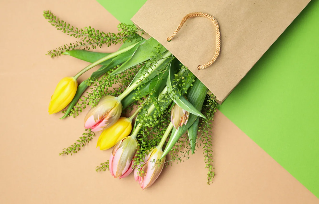 Фото обои цветы, букет, пакет, тюльпаны, yellow, pink, flowers, tulips