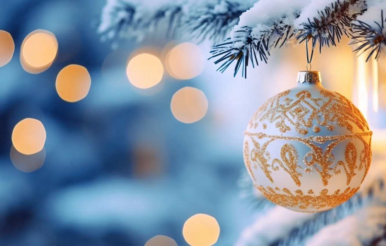 Фото обои зима, снег, украшения, шар, Новый Год, Рождество, golden, new year