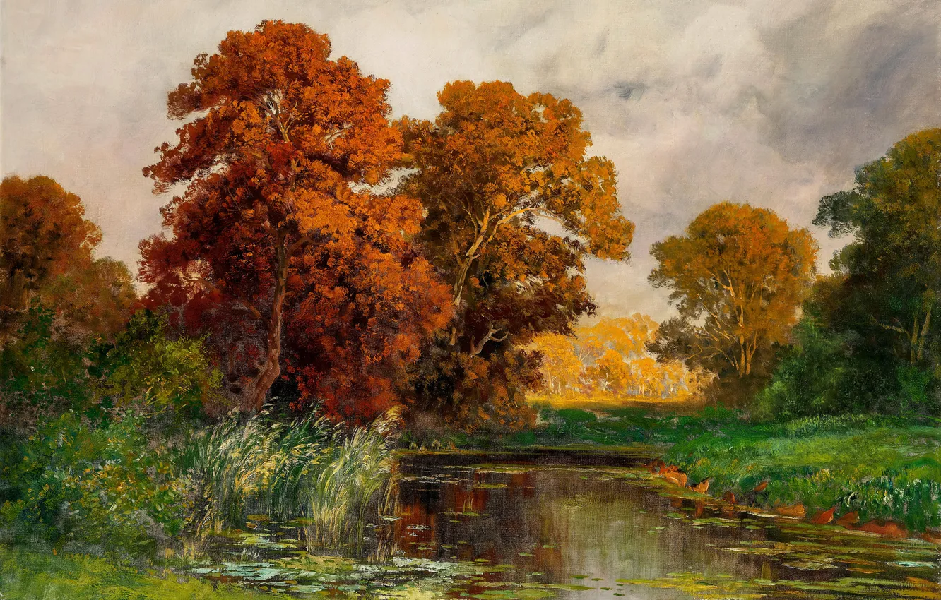 Фото обои Деревья, Картина, Речка, Alois Arnegger, Осенний пейзаж, Алоис Арнеггер, Австрийский живописец