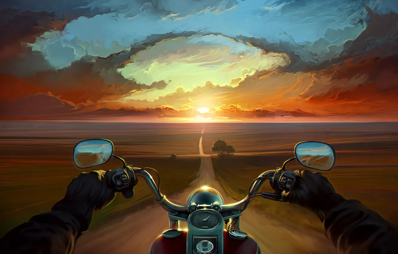 Фото обои дорога, облака, деревья, закат, руки, арт, мотоцикл, байк