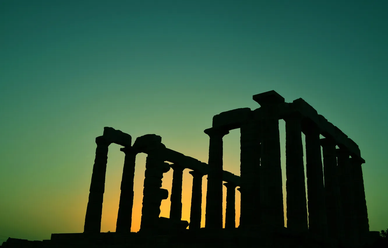 Фото обои небо, Греция, зарево, колонны, архитектура, храм Посейдона