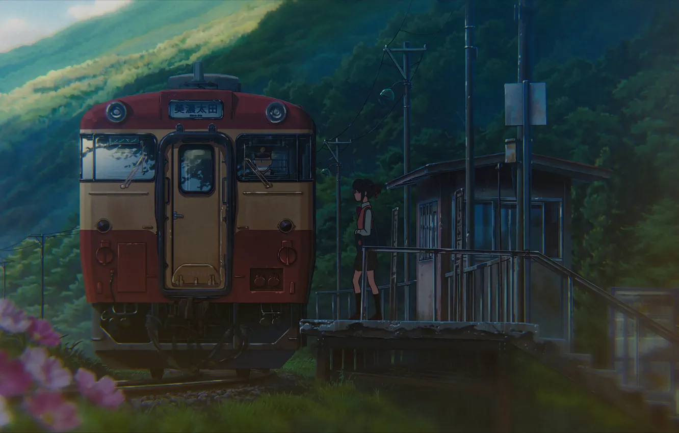 Фото обои станция, Япония, вагон, школьница, платформа, пасмурная погода, Kimi no Na wa, Miyamizu Mitsuha