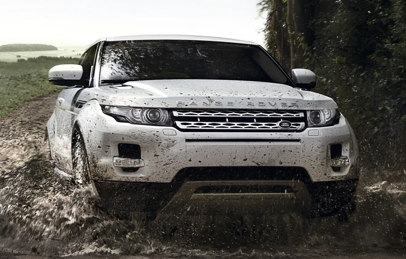 Фото обои дорога, белый, брызги, фон, купе, грязь, джип, Land Rover