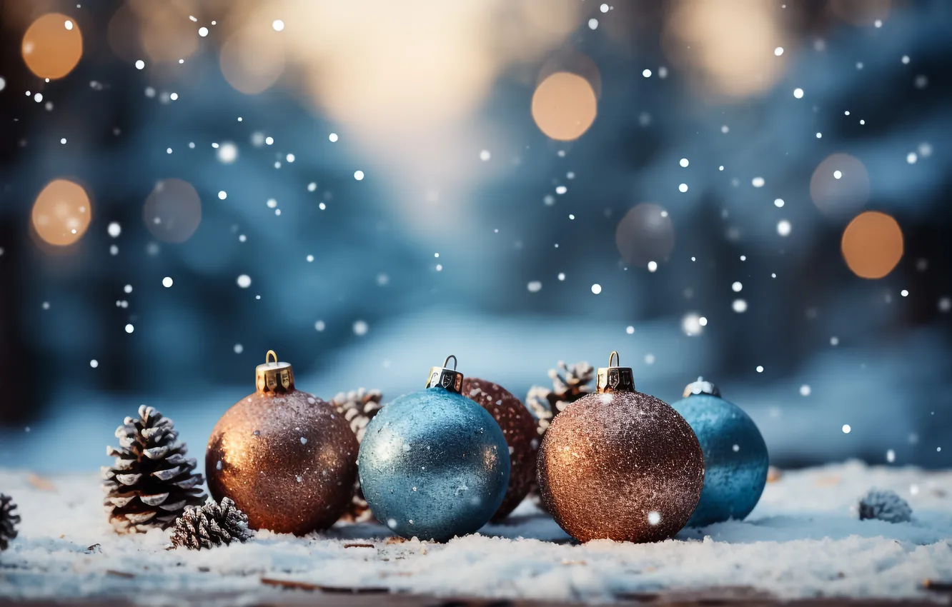 Фото обои снег, украшения, ночь, шары, новый год, Рождество, Christmas, balls