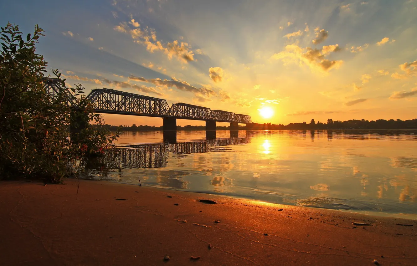 Фото обои мост, река, рассвет, ярославль, волга