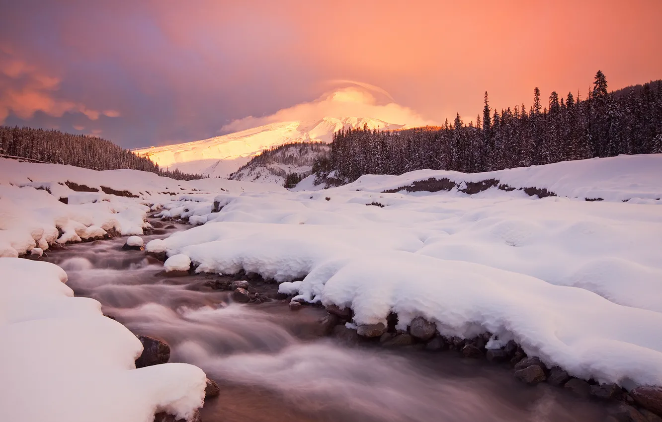 Фото обои зима, снег, горы, ручей