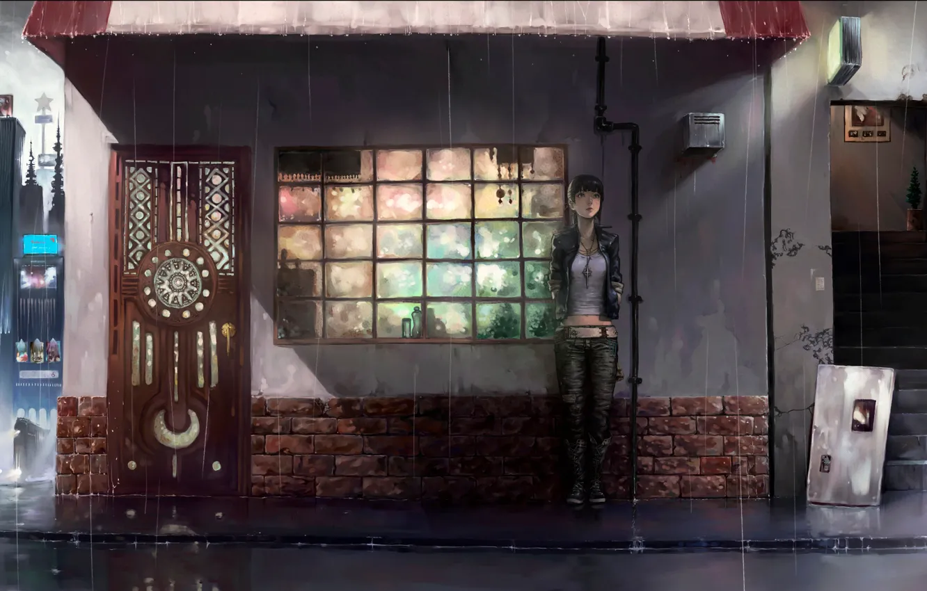 Фото обои девушка, дождь, аниме, дверь, арт, ожидание, козырек