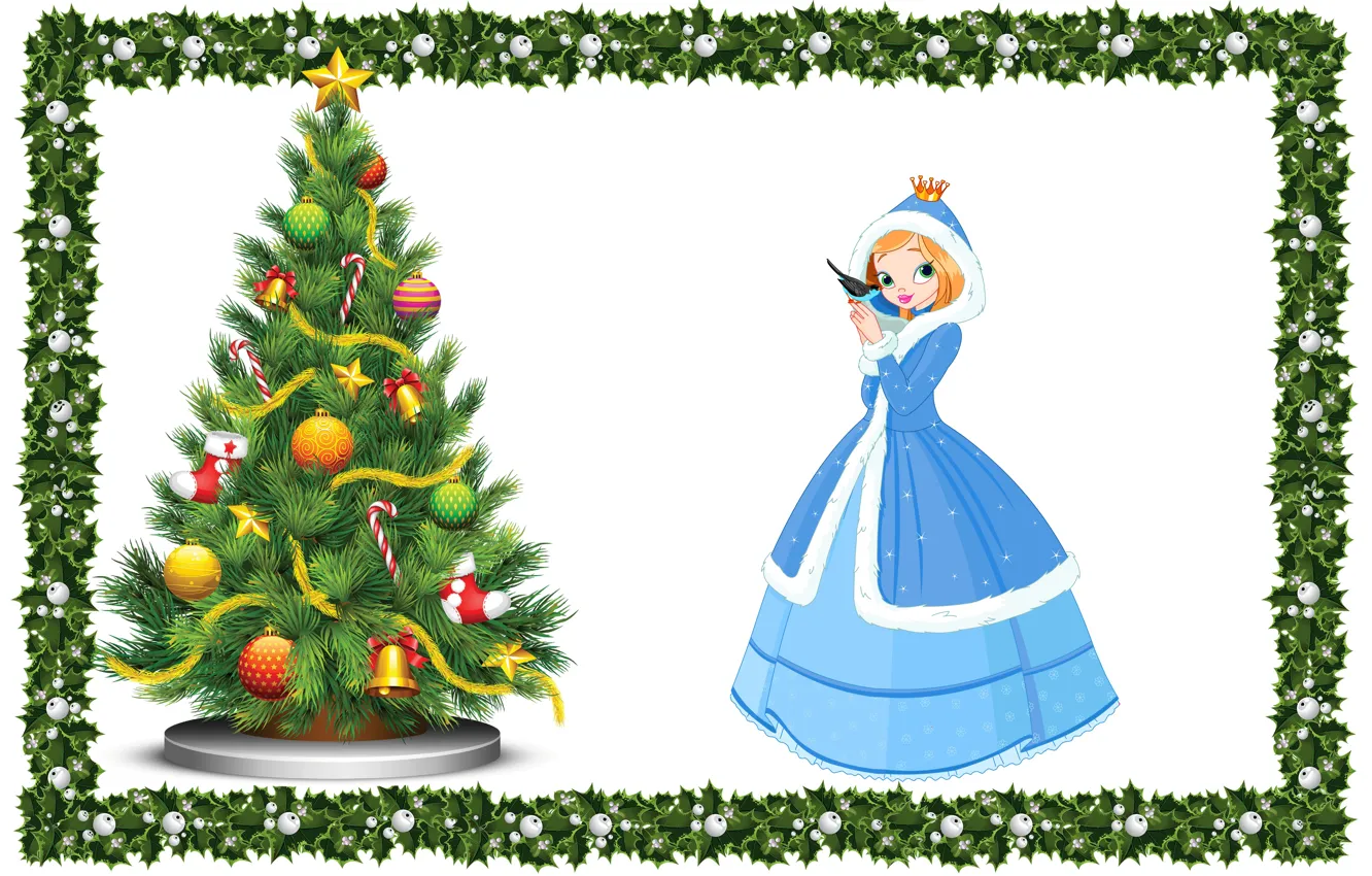 Фото обои праздник, арт, Новый год, снегурочка, птичка, ёлочка, детская