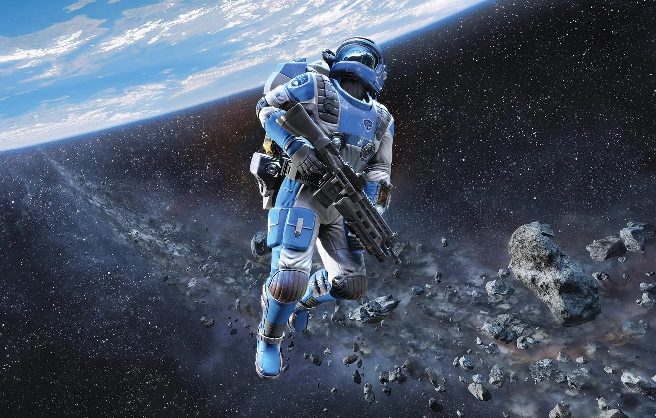 Фото обои космос, планета, скафандр, солдат, пояс, винтовка, Shattered Horizon, астероидов