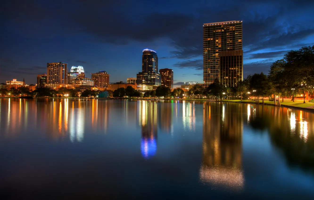 Фото обои деревья, ночь, дома, Флорида, USA, Орландо, night, Orlando