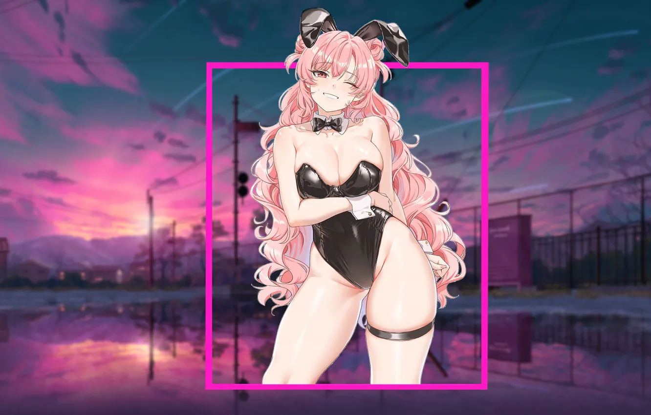 Фото обои kawaii, girl, hot, sexy, cleavage, pink hair, boobs, anime
