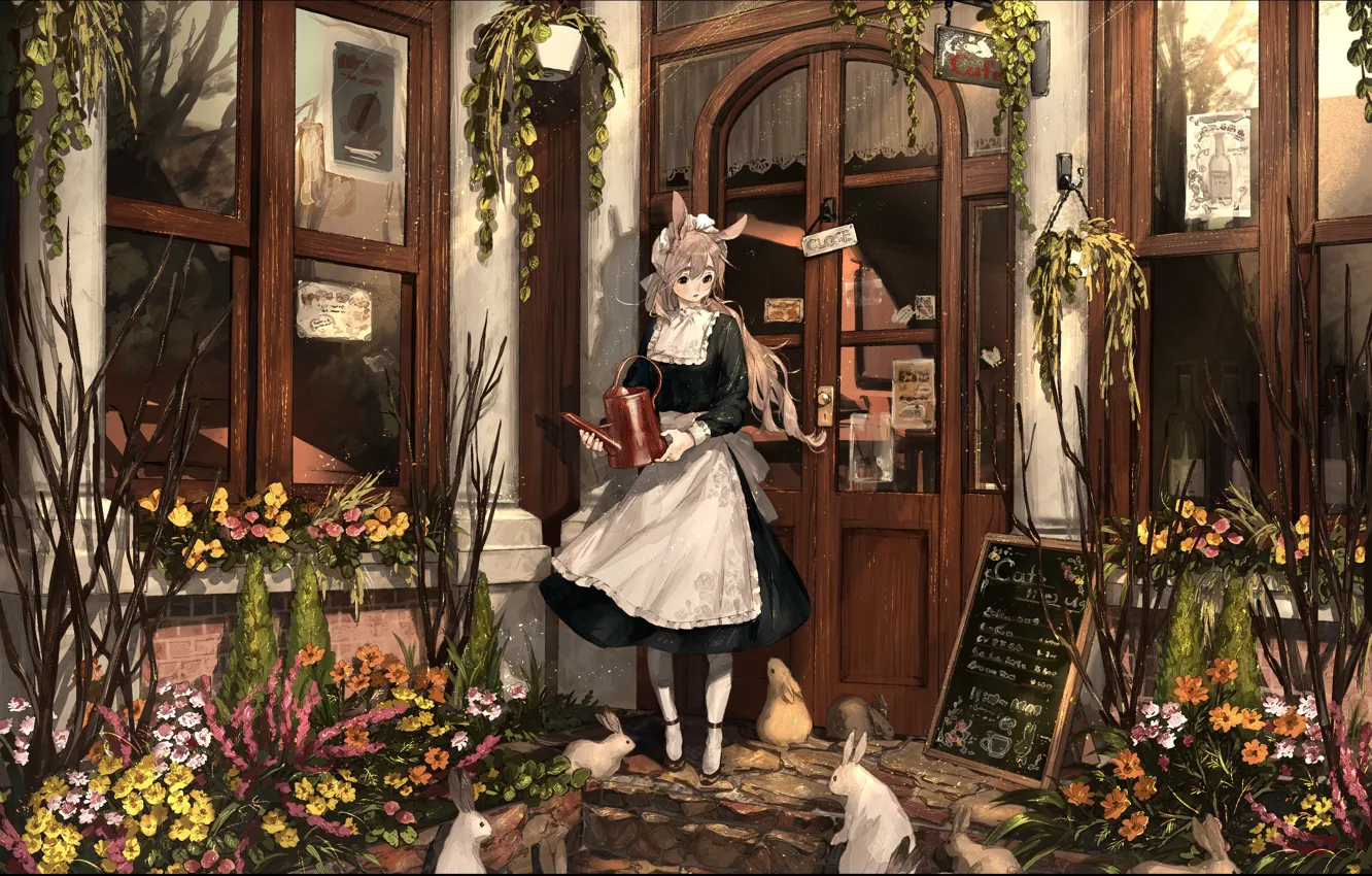 Фото обои дом, растения, дверь, девочка, кафе, лейка, горничная, белые кролики