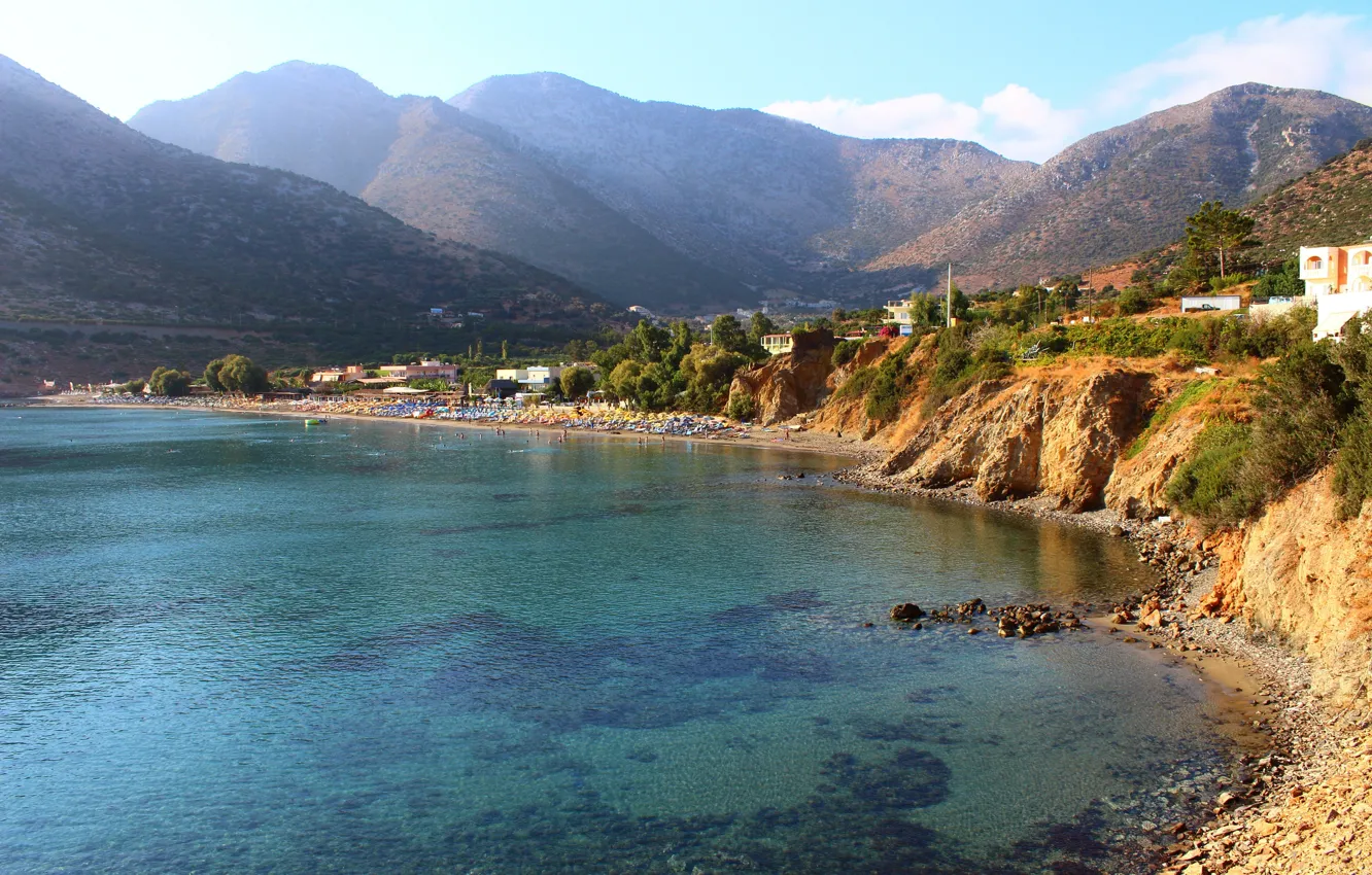 Фото обои море, пляж, горы, природа, дома, Греция, небо., Greece