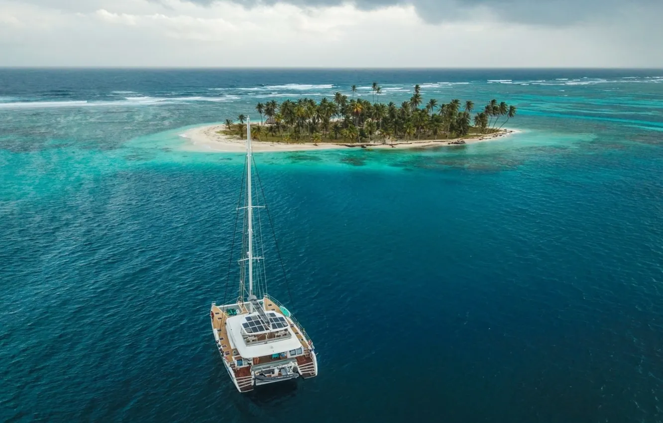 Фото обои пальмы, океан, остров, яхта, San Blas, dron