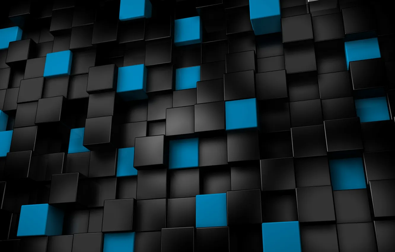 Фото обои рендеринг, чёрные, кубы, кубики, синие, 3d графика