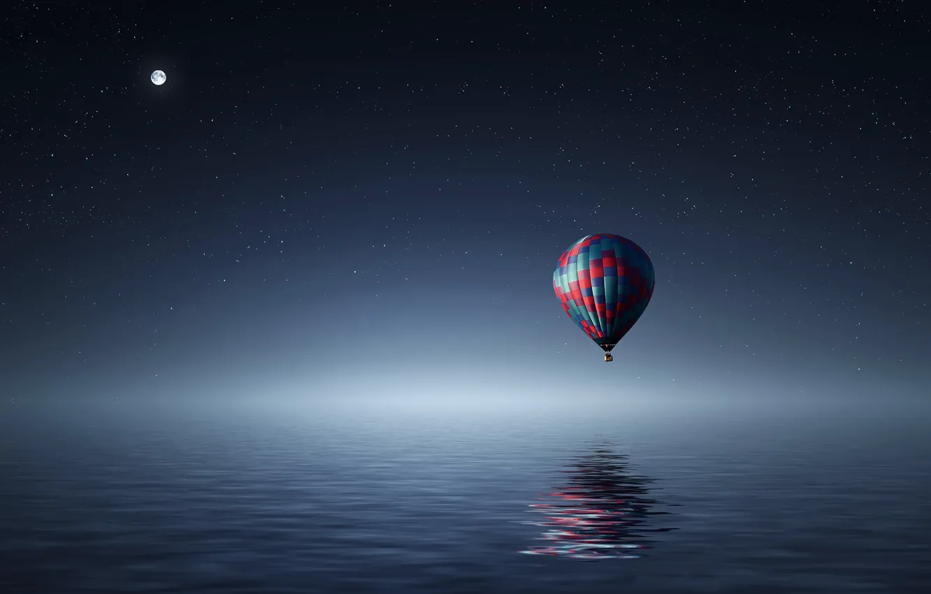 Фото обои море, звезды, ночь, воздушный шар, луна