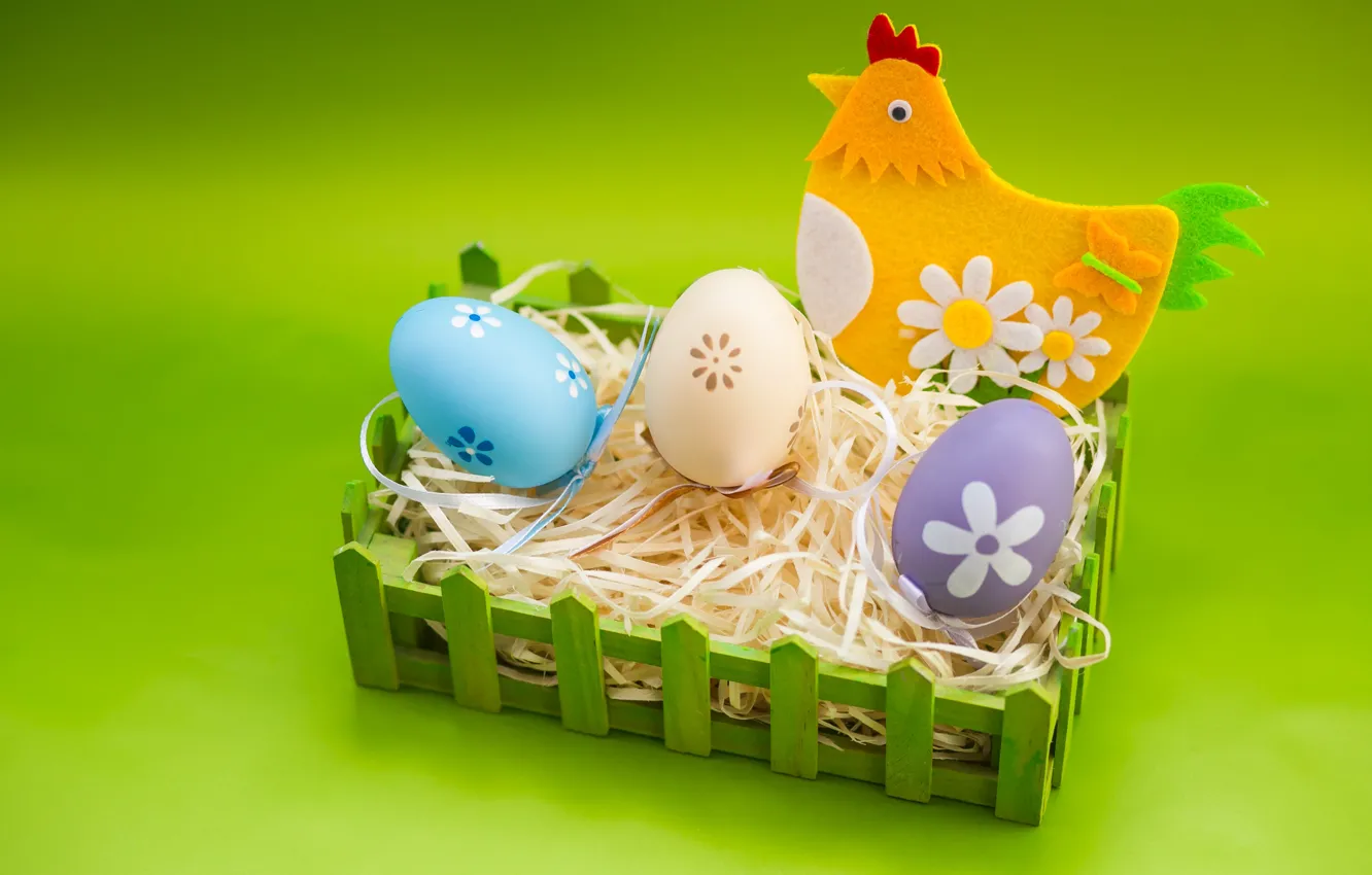 Фото обои праздник, яйца, Пасха, гнездо, сено, Курочка