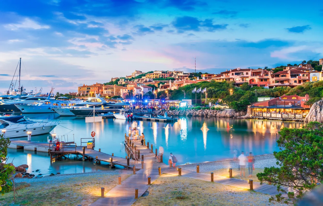 Фото обои море, вечер, порт, катер, Италия, Porto Cervo, Сардиния, Порто-Черво