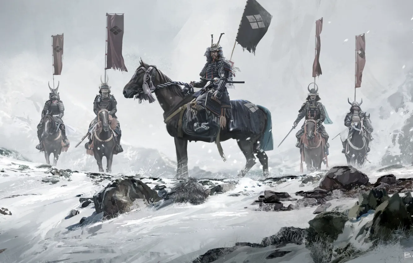 Фото обои зима, снег, азия, япония, воины, всадники, знамена, самураи