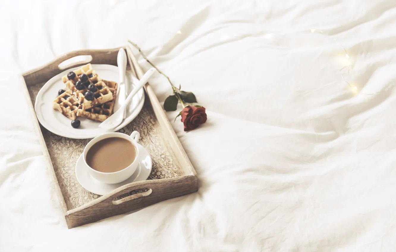 Фото обои кофе, Утро, вафли, Завтрак