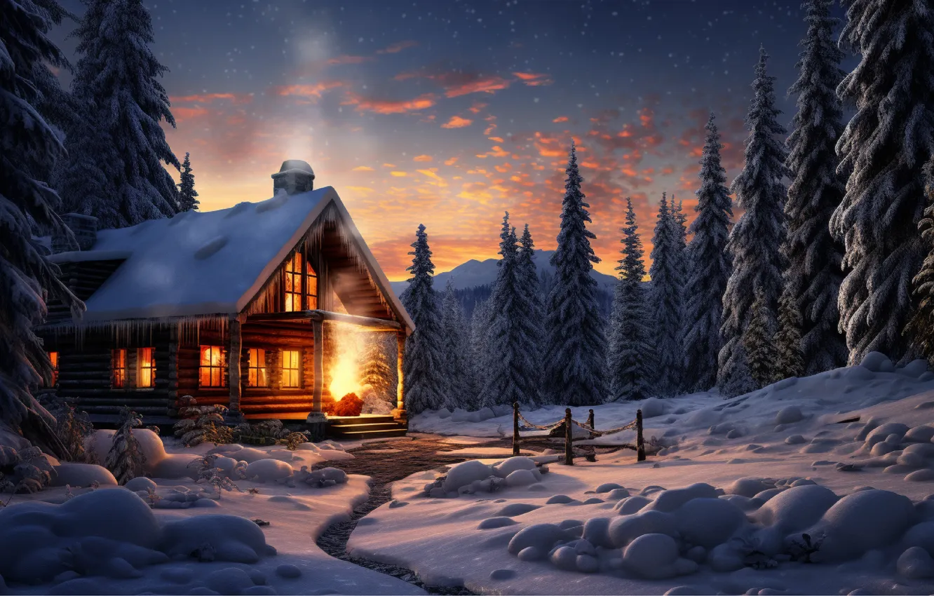 Фото обои зима, лес, снег, горы, ночь, природа, домик, house