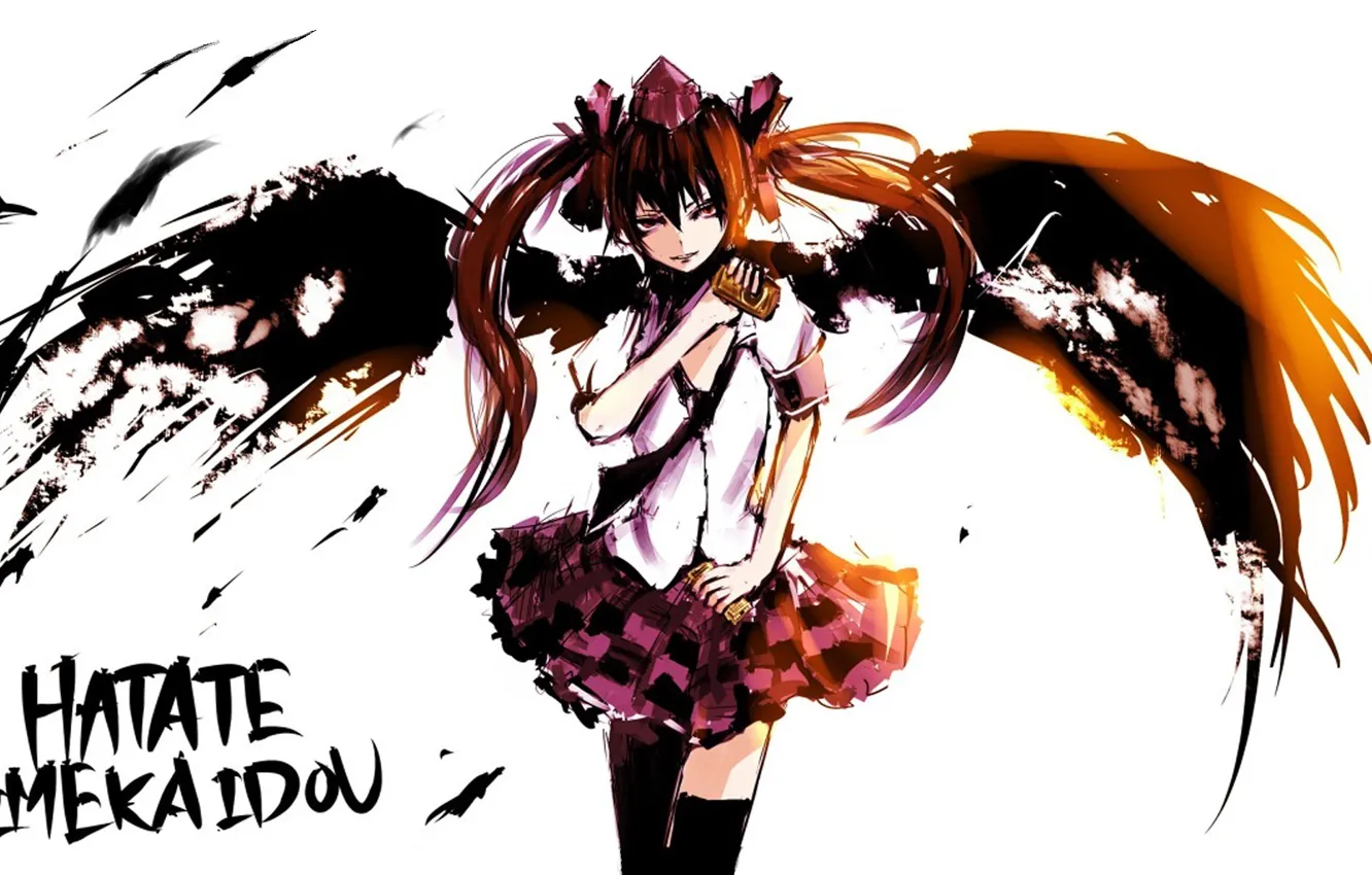 Фото обои магия, крылья, чулки, галстук, белый фон, блузка, Touhou Project, Проект Восток