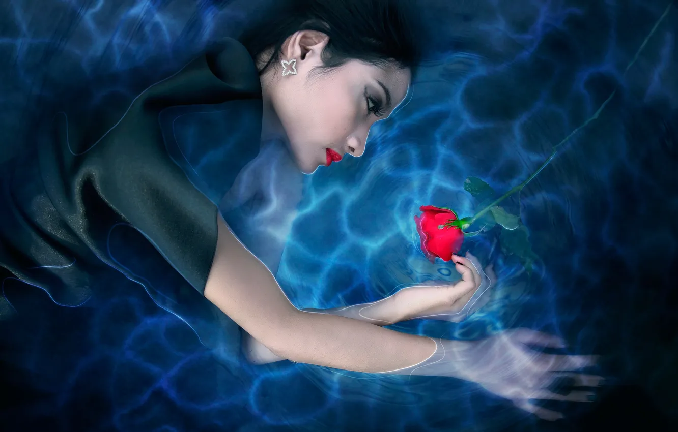 Фото обои вода, девушка, роза, арт