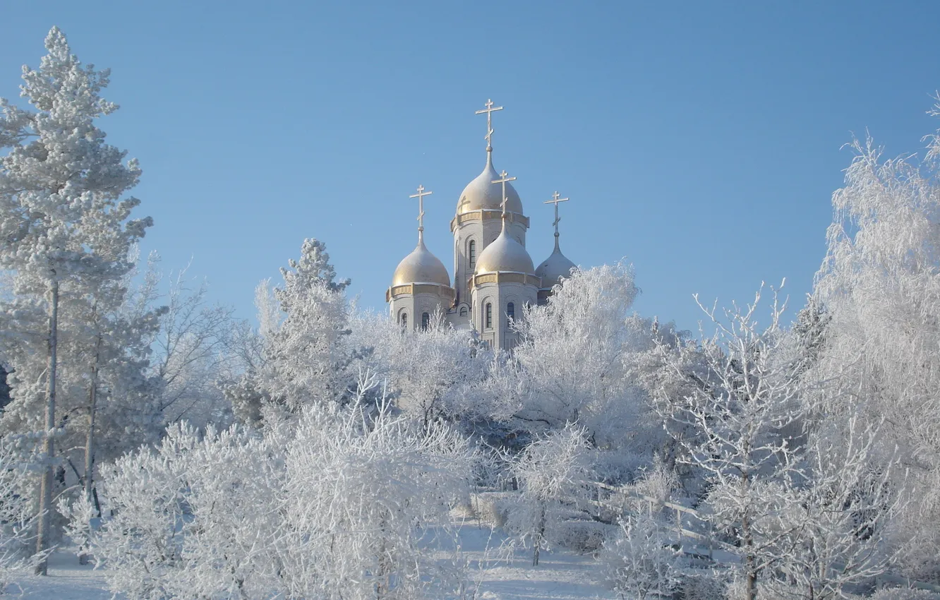 Фото обои зима, снег, пейзаж, купола, церкви