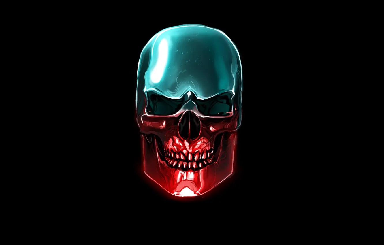 Фото обои синий, красный, череп, голова, скелет, черный фон