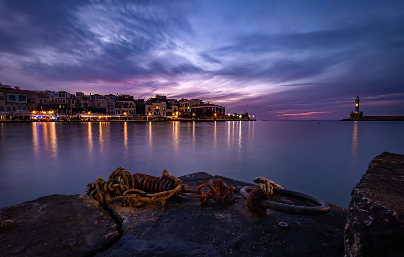 Фото обои Lighthouse, Night Chania, Coast Port, Griechenland