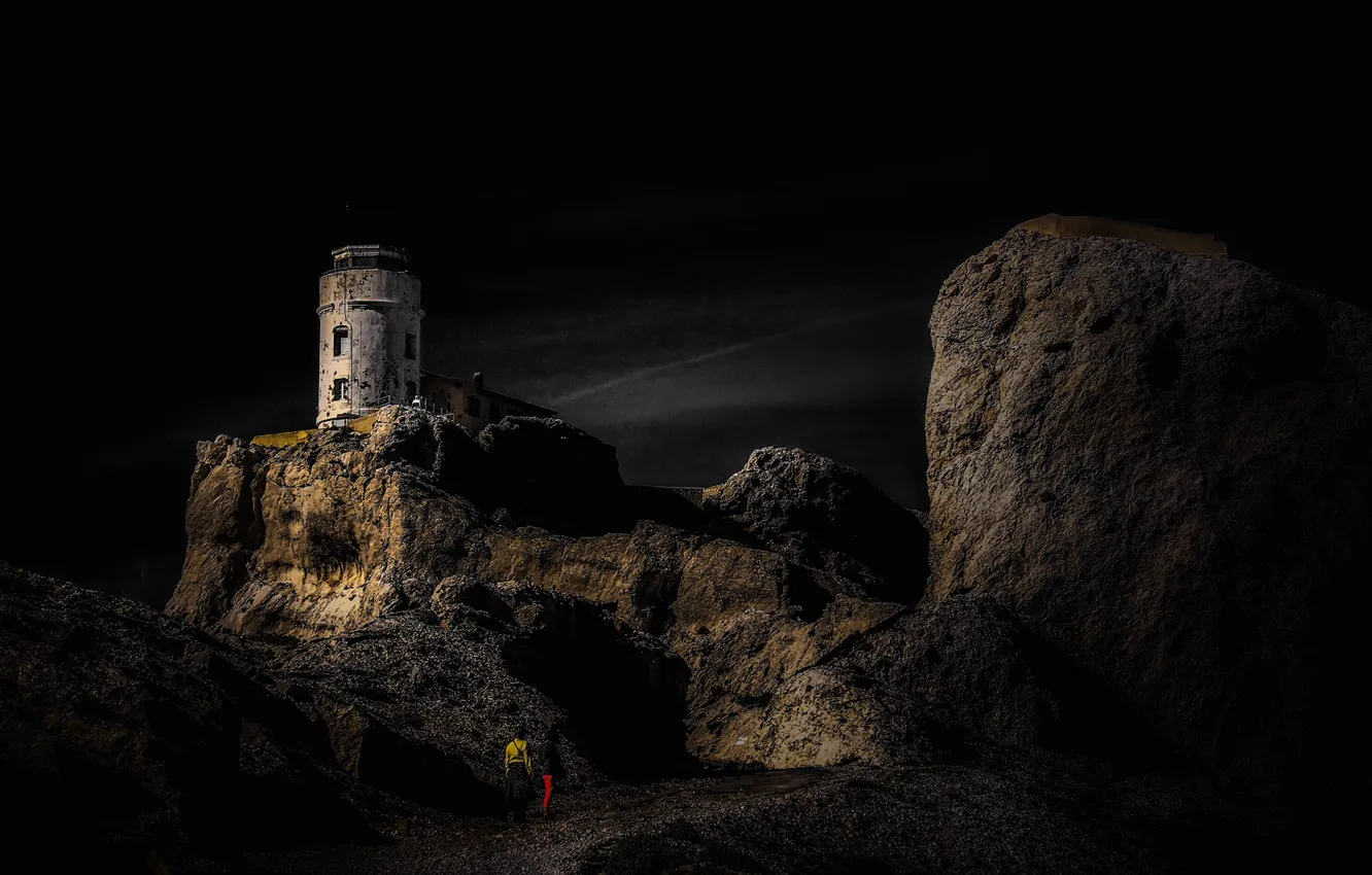 Фото обои ночь, скалы, башня