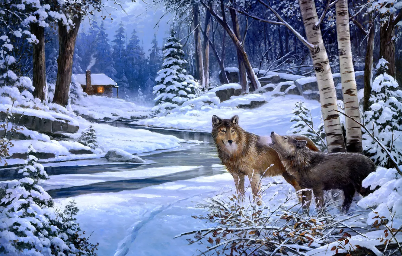 Фото обои зима, лес, животные, снег, волк, волки, хижина, живопись