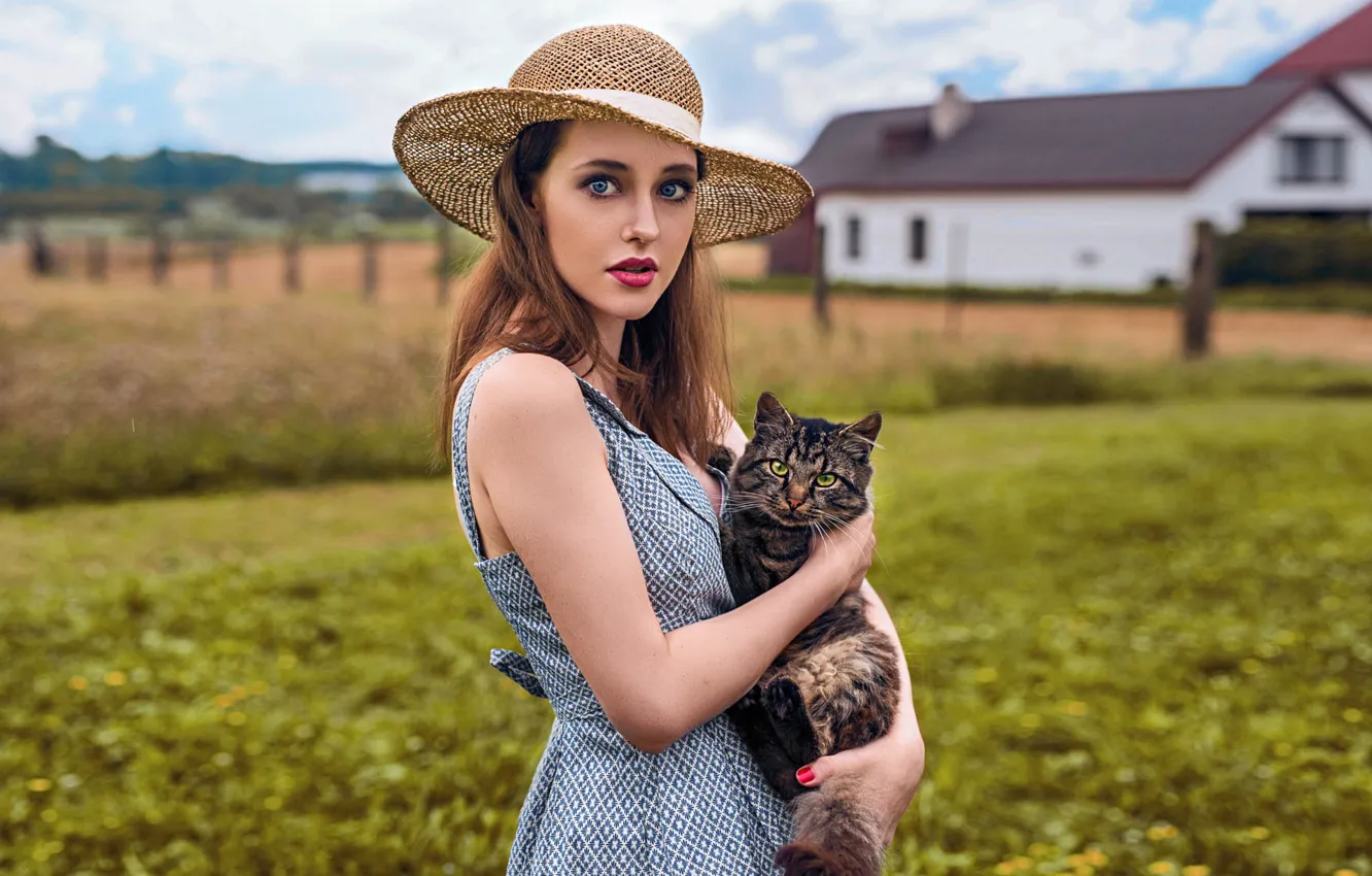 Фото обои кошка, взгляд, пейзаж, модель, портрет, шляпа, макияж, платье