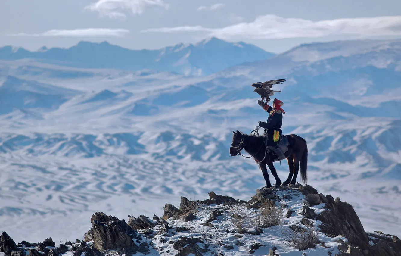 Фото обои горы, птица, орел, охотник, Алтай, Монголия